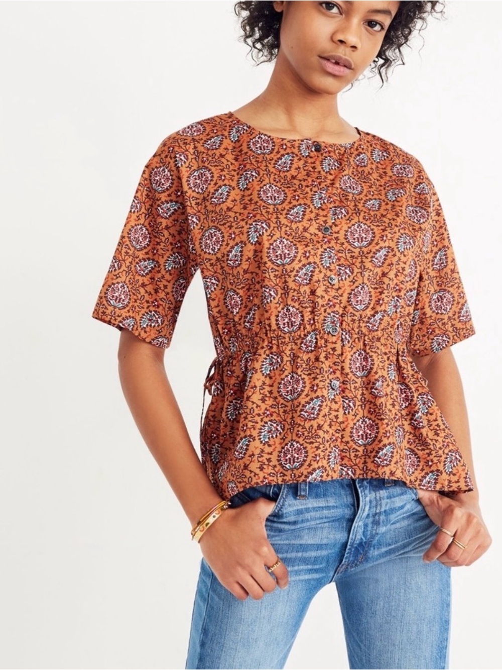 Madewell Drawstring Waist Shirt in Warm Paisley